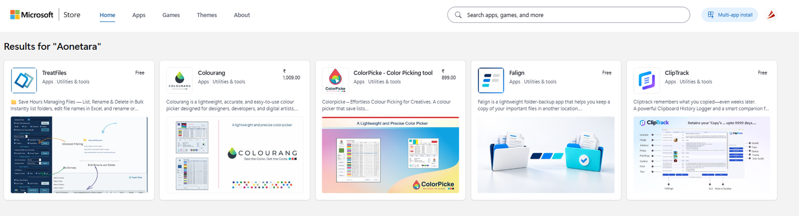 Microsoft Store preview of TreatFiles, Colourang, ColorPicke, Falign, and ClipTrack from Aonetara